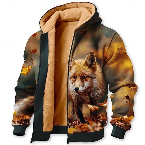  Per uomo Volpe Stampa 3D Pile Felpa con Cappuccio Giacca di pelle Felpa Classico Militare Da caccia Girocollo All'aperto Campeggio Marrone Marrone 2 Marrone 3 Con zip Autunno Inverno progettista S M