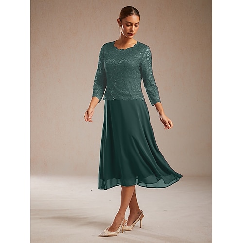  Dámské midi šaty šifonové šaty krajkové šaty flitry elegantní svatební host koktejlové párty čajový dýchánek jednobarevné 3/4 rukávy kulatý výstřih smaragdově zelené léto jaro podzim zima