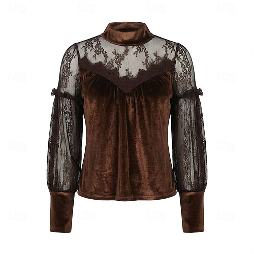 Femmes Velours Chemisier Hauts Élégants Hauts en dentelle Uni Élégant Quotidien Dames manche longue Col haut Hauts Réguliers Travail Quotidien Fête Dentelle Froncé Boutons Marron Automne Hiver