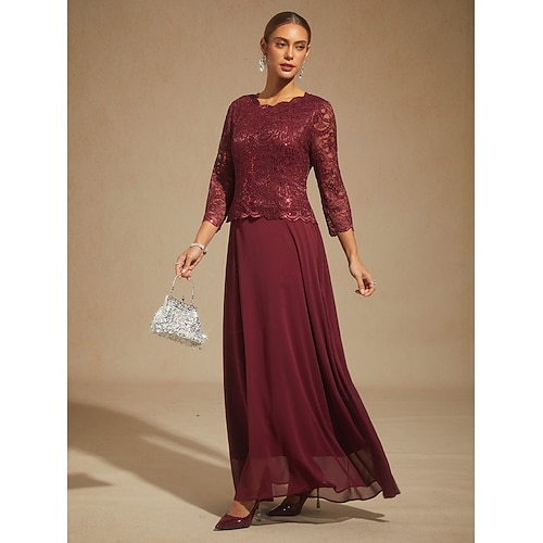  Dames Halflange jurk Chiffon jurk A lijn jurk Elegant Bruiloft gast Avond Feest Effen Kleur 3/4 mouw Strakke ronde hals Wijn Lente Herfst Winter