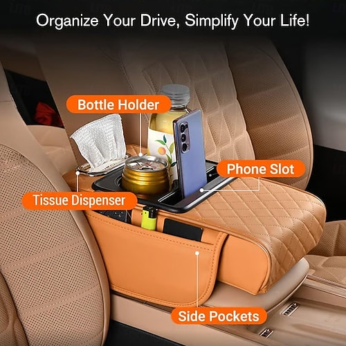  Luxury Style Car Armrest Box Multifunctional Storage Box, Diamond Pattern Tissue Box, with Cup Holder Mobile Phone Slot, Built-In Car Storage Box, Universal Four-In-One, Car Tissue Box Armrest Box