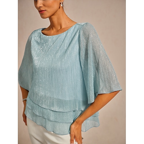  Women's Blouse Dressy Tops Chiffon Tops Lace Tops Elegant Crew Neck Regular Tops Wedding Guest Going out Pleated Glitter Light Blue Spring Fall