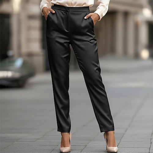  Mulheres Calças de cetim Magro Calças Elegante Férias Roupa de rua Comprimento total Cintura Média Tecido Bolsos Confortável Ao ar livre Férias Rua Preto Prateado Rosa Marron Primavera Outono Normal