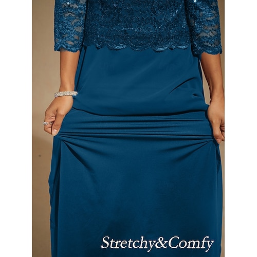  dames maxi-jurk chiffonjurk kanten jurk elegante bruiloftsgast effen kleur driekwartmouwen ronde hals pauwblauw lente herfst winter