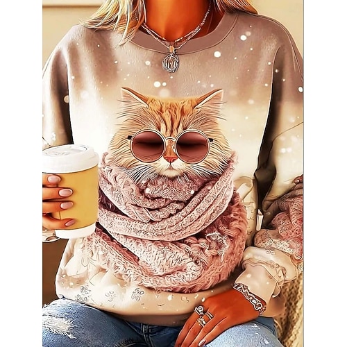  女性用 スウェットシャツ グラフィック 動物 猫 カジュアル 長袖 クルーネック レギュラートップス ストリート 日常着 カジュアル プリント ピンク ブルー パープル カーキ色 春 秋 冬