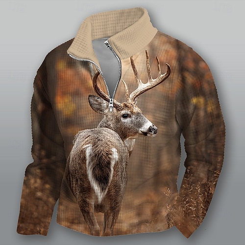  Men's Deer Sweatshirt Fashion Daily Casual Hunting Stand Collar Quarter Zip Outdoor Home Office Work Brown Khaki Gray Zip Up Fall Winter Designer S M L XL XXL XXXL