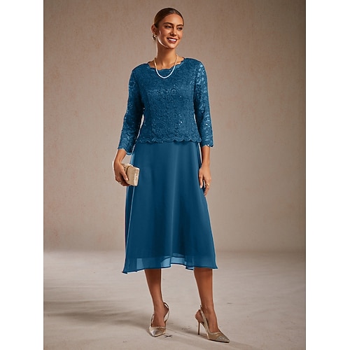  Dámské Midi šaty Šifonové šaty Elegantní Svatební host Koktejlový večírek Čajový dýchánek Pevná barva 3/4 délka rukávu Tričkový Zelenomodrá Jaro Podzim Zima