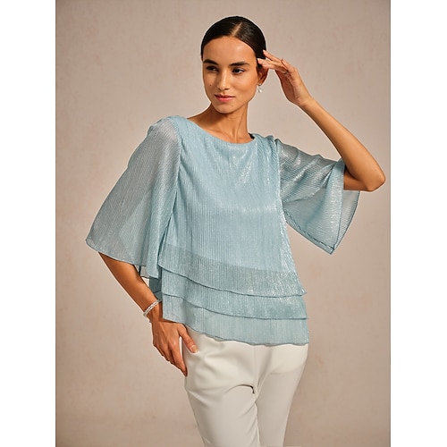  Women's Blouse Dressy Tops Chiffon Tops Lace Tops Elegant Crew Neck Regular Tops Wedding Guest Going out Pleated Glitter Light Blue Spring Fall