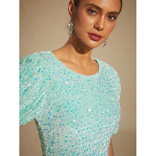  Women's Midi Dress Trumpet Mermaid Dress Elegant Puff Sleeve Party Sequin Half Sleeve Crew Neck Sage Green Spring Fall Winter