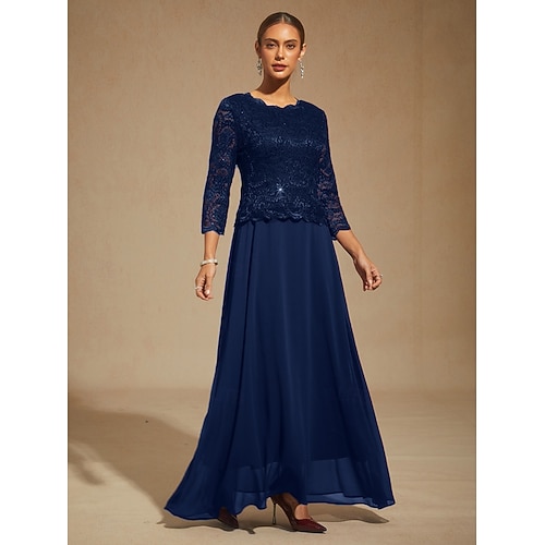  dames maxi-jurk chiffon jurk kant pailletten geborduurd elegant avondfeest effen kleur 3/4 mouwen ronde hals marineblauw lente herfst winter