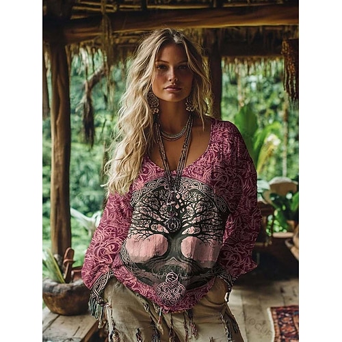  Damen Boho-T-Shirt Grafik Geometrisch Elegant Bohemien Tropisch Langarm V Ausschnitt Normale Oberteile Täglich Ausgehen Wochenende 3D-Druck Rosa Purpur Orange Grün Sommer Frühling Herbst Winter
