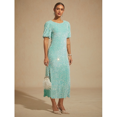  Women's Midi Dress Trumpet Mermaid Dress Elegant Puff Sleeve Party Sequin Half Sleeve Crew Neck Sage Green Spring Fall Winter