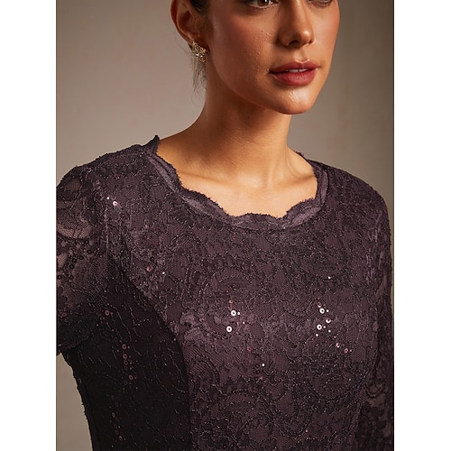  Жен. Платье средней длины Шифоновые платья Элегантный стиль Сплошной цвет Рукав 3/4 Вырез под горло Лиловый Лето Весна Осень Зима