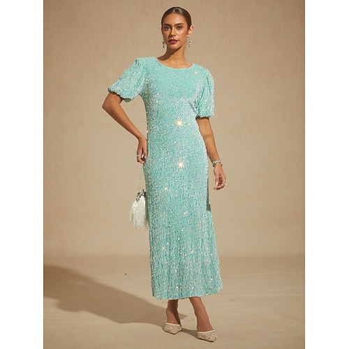  Women's Midi Dress Trumpet Mermaid Dress Elegant Puff Sleeve Party Sequin Half Sleeve Crew Neck Sage Green Spring Fall Winter