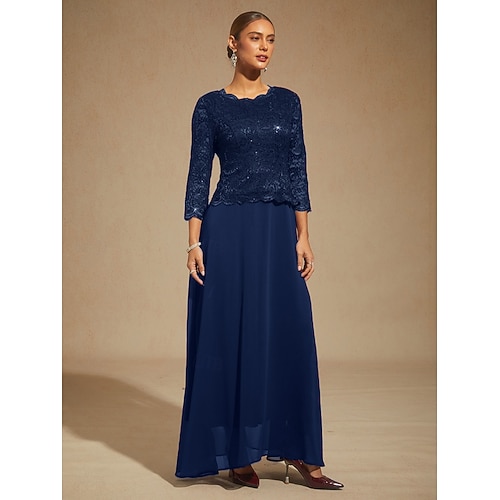  dames maxi-jurk chiffon jurk kant pailletten geborduurd elegant avondfeest effen kleur 3/4 mouwen ronde hals marineblauw lente herfst winter