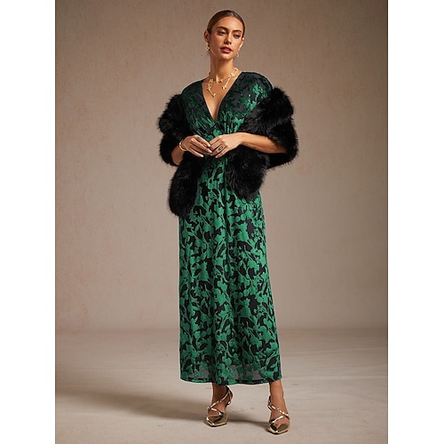  dames maxi-jurk a-lijn jurk fluweel elegant feest bruiloft gast bloemen blad halve mouw v-hals smaragdgroen lente herfst winter