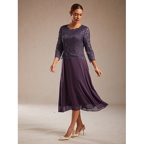  Dámské Midi šaty Šifonové šaty Elegantní Pevná barva 3/4 délka rukávu Tričkový Fialová Léto Jaro Podzim Zima