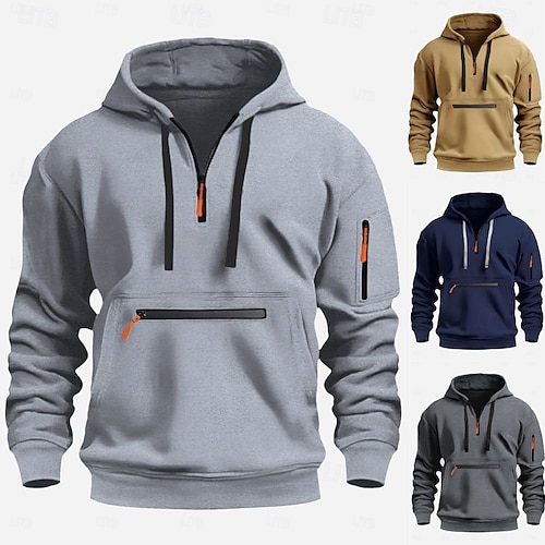  Homens Moletom Moletons com zíper Moletom Tático Preto Azul Marinha Camelo Cinza Claro Cinzento Escuro Com Capuz Tecido Bolsos Half Zip Bolso frontal Diário Feriado Para Noite Poliéster Roupa de rua