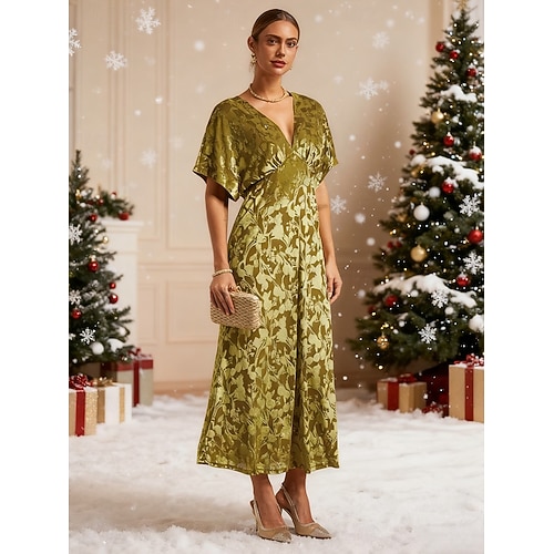  レディース マキシドレス Aラインドレス ベルベット エレガント パーティー ウェディング ゲスト 花柄 リーフ ハーフスリーブ Vネック エメラルドグリーン 春 秋 冬