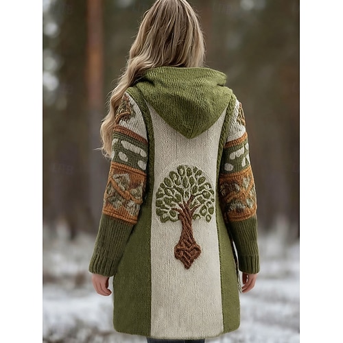 Pentru femei Bluza Zilnic Casual Grafic Geometric Striat Capișon Peteci Buzunar Nasturi Manșon Lung Topuri lungi Tricotat În aer liber Sfârșit de săptămână Trifoi Toamnă Iarnă