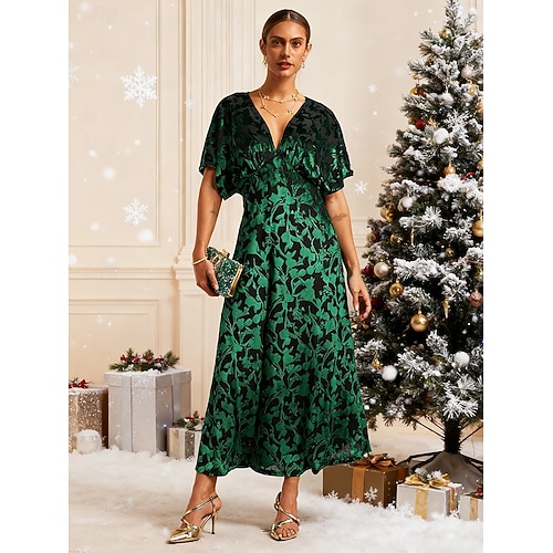 dames maxi-jurk a-lijn jurk fluweel elegant feest bruiloft gast bloemen blad halve mouw v-hals smaragdgroen lente herfst winter