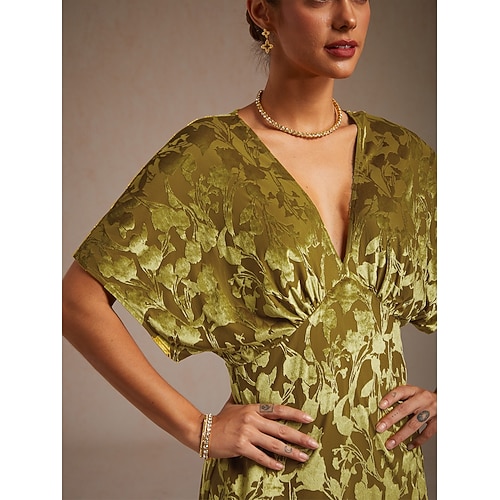  レディース マキシドレス Aラインドレス ベルベット エレガント パーティー ウェディング ゲスト 花柄 リーフ ハーフスリーブ Vネック エメラルドグリーン 春 秋 冬