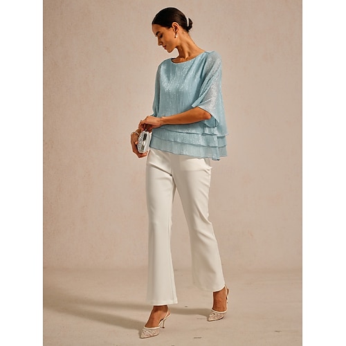  Women's Blouse Dressy Tops Chiffon Tops Lace Tops Elegant Crew Neck Regular Tops Wedding Guest Going out Pleated Glitter Light Blue Spring Fall
