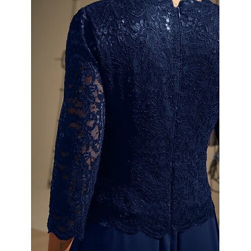  dames maxi-jurk chiffon jurk kant pailletten geborduurd elegant avondfeest effen kleur 3/4 mouwen ronde hals marineblauw lente herfst winter