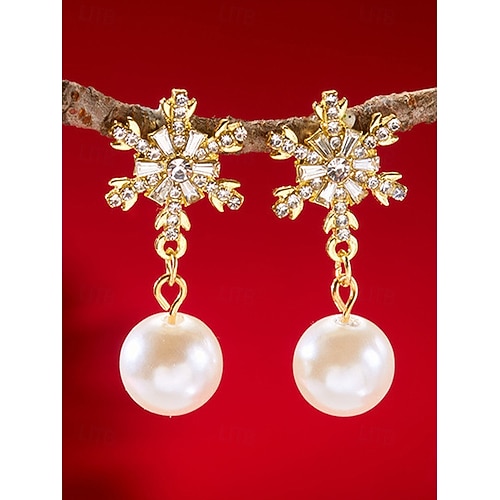  Γυναικεία χριστουγεννιάτικα σκουλαρίκια με νιφάδες χιονιού - κράμα αλουμινίου με λεπτομέρειες από κρύσταλλο και μαργαριτάρι, κομψά εορταστικά κοσμήματα για πάρτι και χειμερινές περιστάσεις