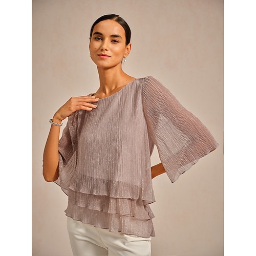  Women's Blouse Chiffon Tops Lace Tops Solid Color Elegant 3/4 Length Sleeve Crew Neck Wedding Guest Holiday Ruched Glitter Pink Summer Spring Fall