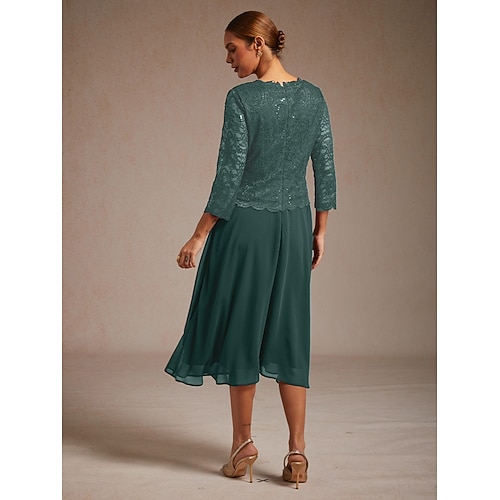  Dámské midi šaty šifonové šaty krajkové šaty flitry elegantní svatební host koktejlové párty čajový dýchánek jednobarevné 3/4 rukávy kulatý výstřih smaragdově zelené léto jaro podzim zima