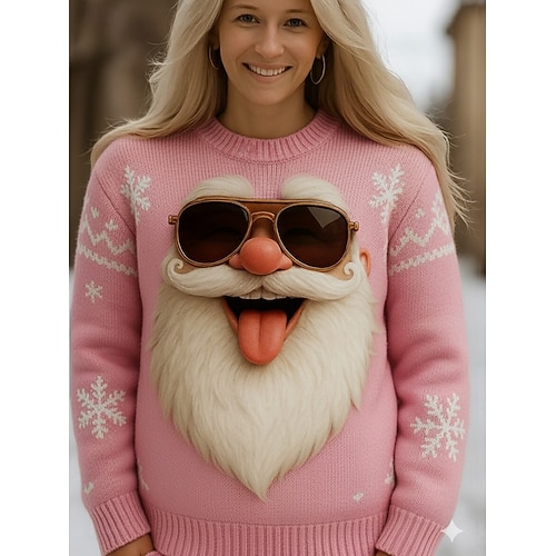  Dame Genser søt stil Fritid Grafisk julenissen Crew-hals Lapper Strikket Langermet Vanlige topper Strikke Jul Fest Ferie Blå Rosa Høst Vinter