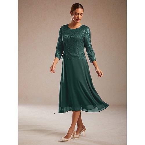  Женское платье миди, шифоновое платье, кружевное платье с пайетками, элегантное, для свадебного коктейля, вечеринки, чаепития, однотонное, с рукавами длиной 3/4, круглым вырезом, изумрудно-зеленое,