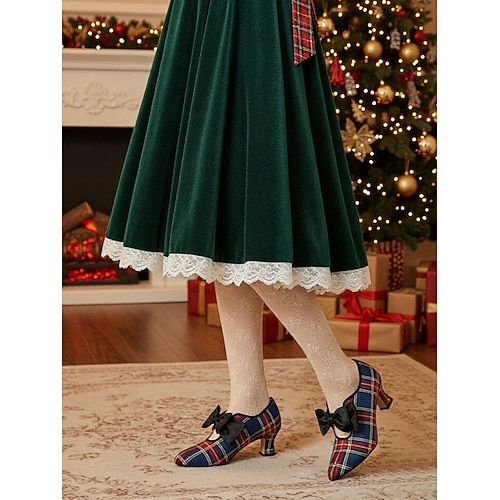  Pantofi cu toc roșii în carouri pentru femei cu fundă din satin negru - stil vintage anii 1920, perfecți pentru petreceri de Crăciun, întâlniri retro și purtare zilnică