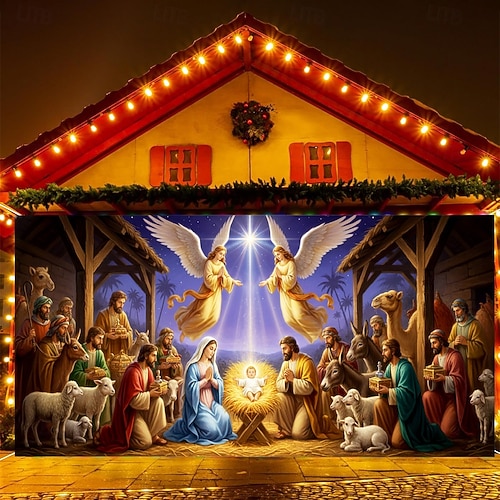  غطاء باب مرآب عيد الميلاد مشهد المهد 2025 خلفية معلقة كبيرة جدارية عطلة دينية ديكور خارجي خلفية تصوير حفلة فناء المنزل ديكور عيد الميلاد الاحتفالي