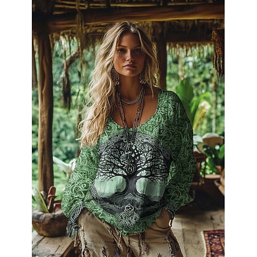  Damen Boho-T-Shirt Grafik Geometrisch Elegant Bohemien Tropisch Langarm V Ausschnitt Normale Oberteile Täglich Ausgehen Wochenende 3D-Druck Rosa Purpur Orange Grün Sommer Frühling Herbst Winter