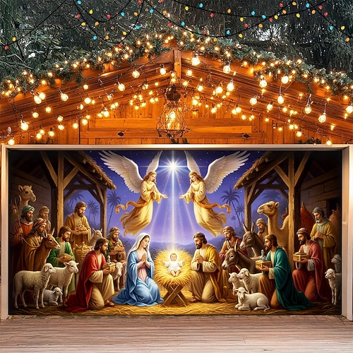  غطاء باب مرآب عيد الميلاد مشهد المهد 2025 خلفية معلقة كبيرة جدارية عطلة دينية ديكور خارجي خلفية تصوير حفلة فناء المنزل ديكور عيد الميلاد الاحتفالي