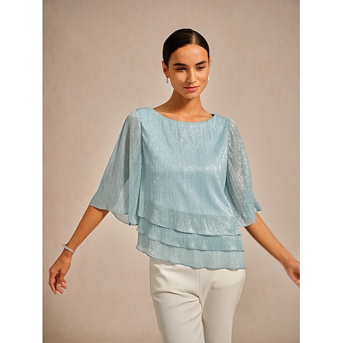  Women's Blouse Dressy Tops Chiffon Tops Lace Tops Elegant Crew Neck Regular Tops Wedding Guest Going out Pleated Glitter Light Blue Spring Fall
