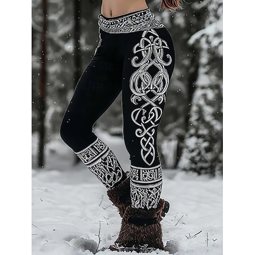  Naisten Viking Boho Leggingsit Vintage Etninen Tyyli Kokopitkä Korkea Vyötärö Graafinen Abstrakti 3D Tulostus Nopeasti Kuivuva Hengittävyys Pehmeä Joustava Virallinen Ulkona Lomalle Vaaleanruskea