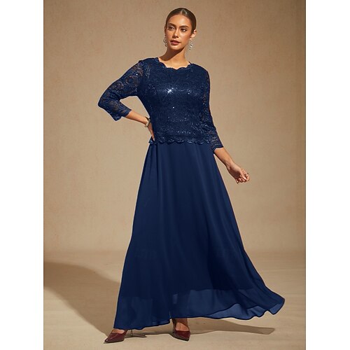  dames maxi-jurk chiffon jurk kant pailletten geborduurd elegant avondfeest effen kleur 3/4 mouwen ronde hals marineblauw lente herfst winter