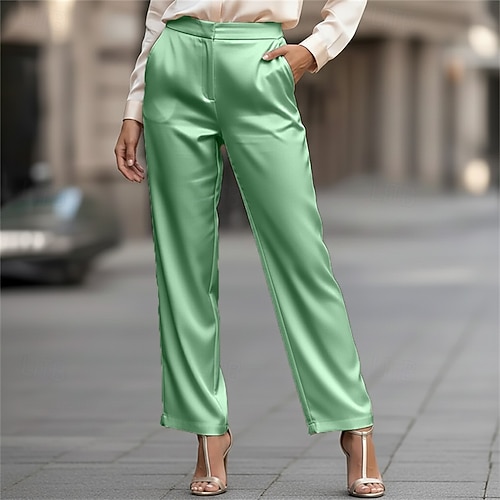  Mulheres Calças de cetim Atrevido Calças Férias Roupa de rua Casual Comprimento total Cintura Média Tecido Bolsos Confortável Formal Ao ar livre Férias Preto Prateado Rosa Marron Primavera Outono