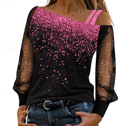  Femmes Chemisier A Ombre ancien Élégant manche longue Asymétrique Hauts Réguliers Quotidien Fête Sortir Paillettes Bleu Argent Vin Dorée Été Automne