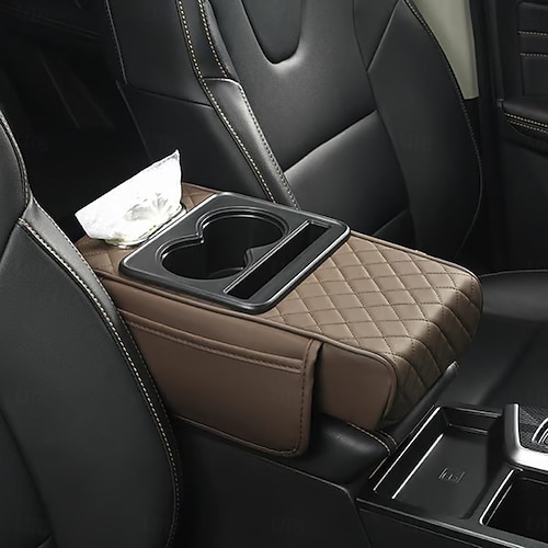  Luxury Style Car Armrest Box Multifunctional Storage Box, Diamond Pattern Tissue Box, with Cup Holder Mobile Phone Slot, Built-In Car Storage Box, Universal Four-In-One, Car Tissue Box Armrest Box