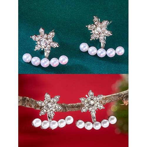  Γυναικεία χριστουγεννιάτικα σκουλαρίκια με νιφάδες χιονιού - κράμα αλουμινίου με λεπτομέρειες από κρύσταλλο και μαργαριτάρι, κομψά εορταστικά κοσμήματα για πάρτι και χειμερινές περιστάσεις