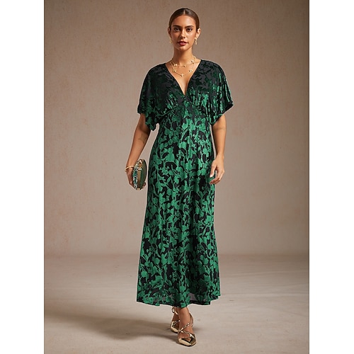  dames maxi-jurk a-lijn jurk fluweel elegant feest bruiloft gast bloemen blad halve mouw v-hals smaragdgroen lente herfst winter