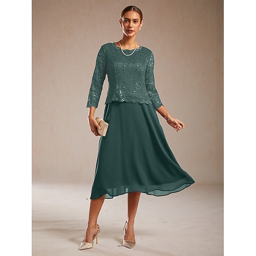  Dámské midi šaty šifonové šaty krajkové šaty flitry elegantní svatební host koktejlové párty čajový dýchánek jednobarevné 3/4 rukávy kulatý výstřih smaragdově zelené léto jaro podzim zima