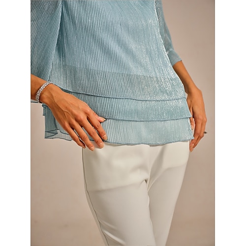 Women's Blouse Dressy Tops Chiffon Tops Lace Tops Elegant Crew Neck Regular Tops Wedding Guest Going out Pleated Glitter Light Blue Spring Fall