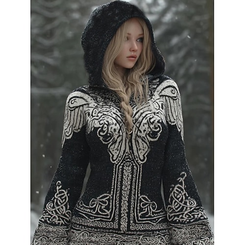  Women's Viking Sweater Vacation Vintage Cool Geometric Hooded Print Long Sleeve Regular Tops Knit Outdoor Daily Black Fall Winter