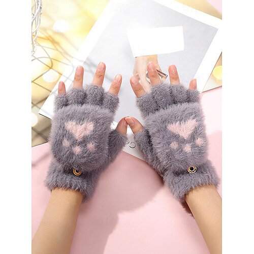 Gants sans doigts en maille duveteuse à motif pattes de chat pour femmes – tissu pelucheux doux, disponibles en plusieurs couleurs, parfaits pour l'hiver et les tenues décontractées.