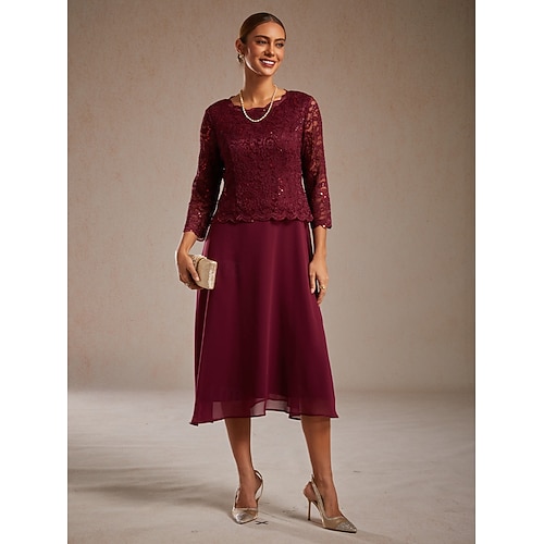  Dámské Midi šaty Áčkové šaty Elegantní Svatební host Večerní oslava Běžný Pevná barva 3/4 délka rukávu Tričkový Fialová Jaro Podzim Zima